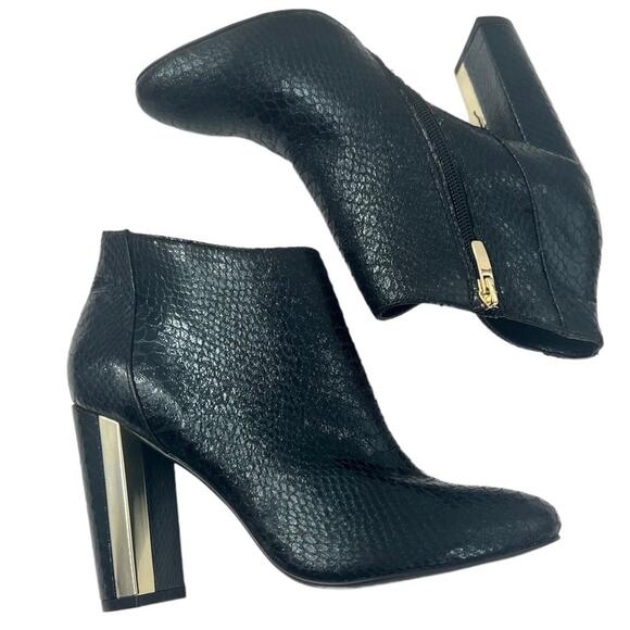 Charles Jourdan PARIS Black Snakeskin Y2K Ankle Boot Gold Accent Heel 6.5 - Picture 1 of 11